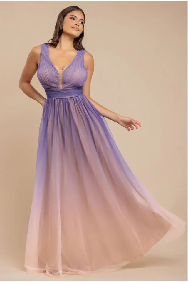 Goddiva Ombre Pleated abito maxi lilla sfumato chiffon