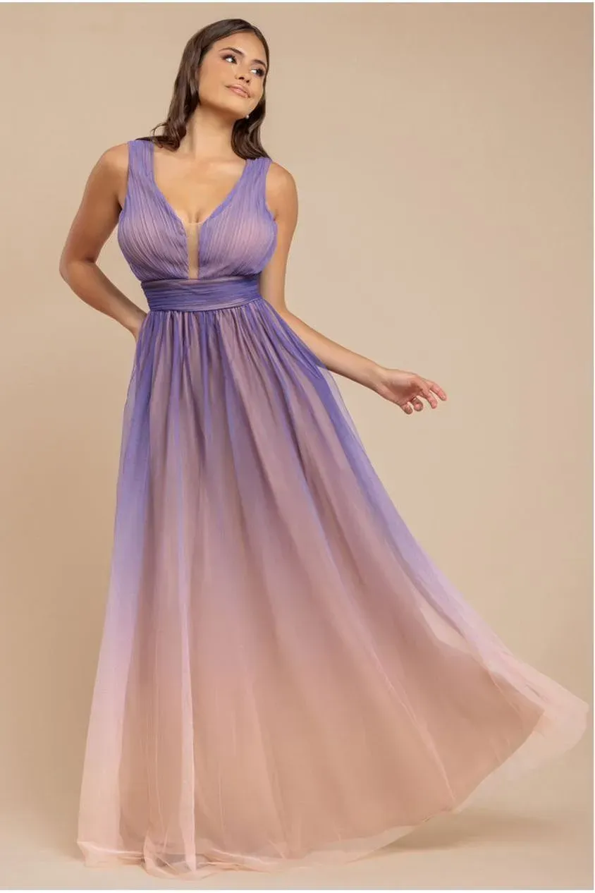 Goddiva Ombre Pleated abito maxi lilla sfumato chiffon