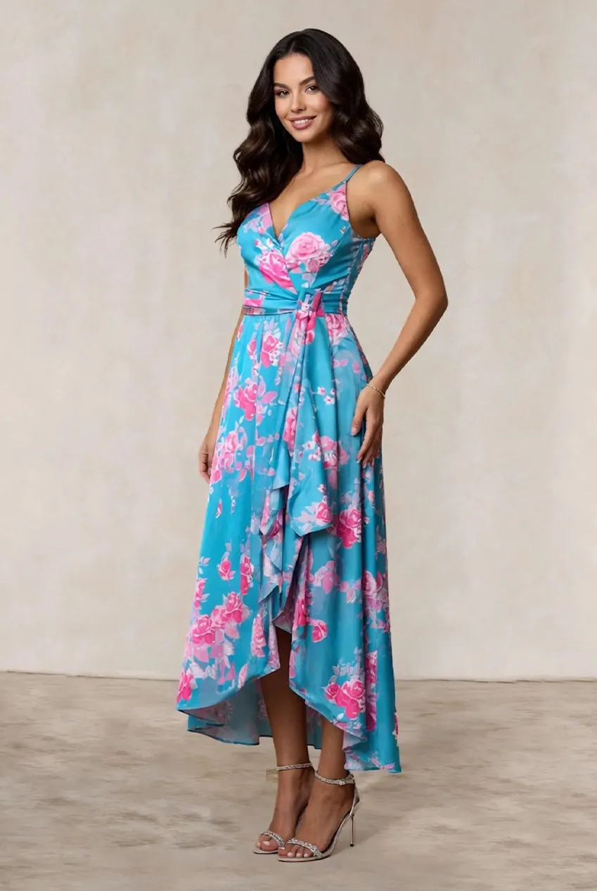 Chi Chi London abito midi floreale verde satin incrociato