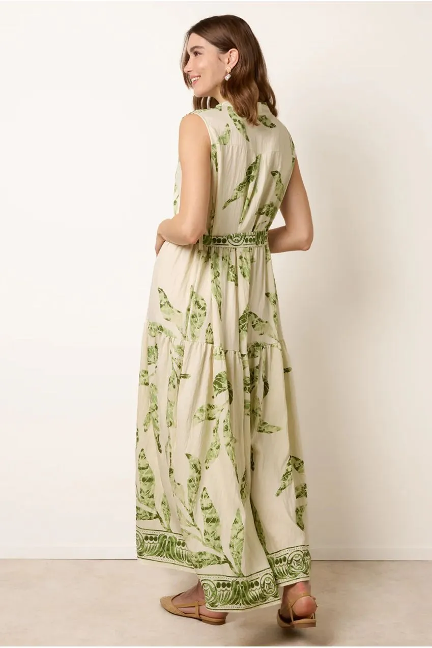 Blue Vanilla Leaf Print Collarless Shirt Dress With Belted Waist abito verde