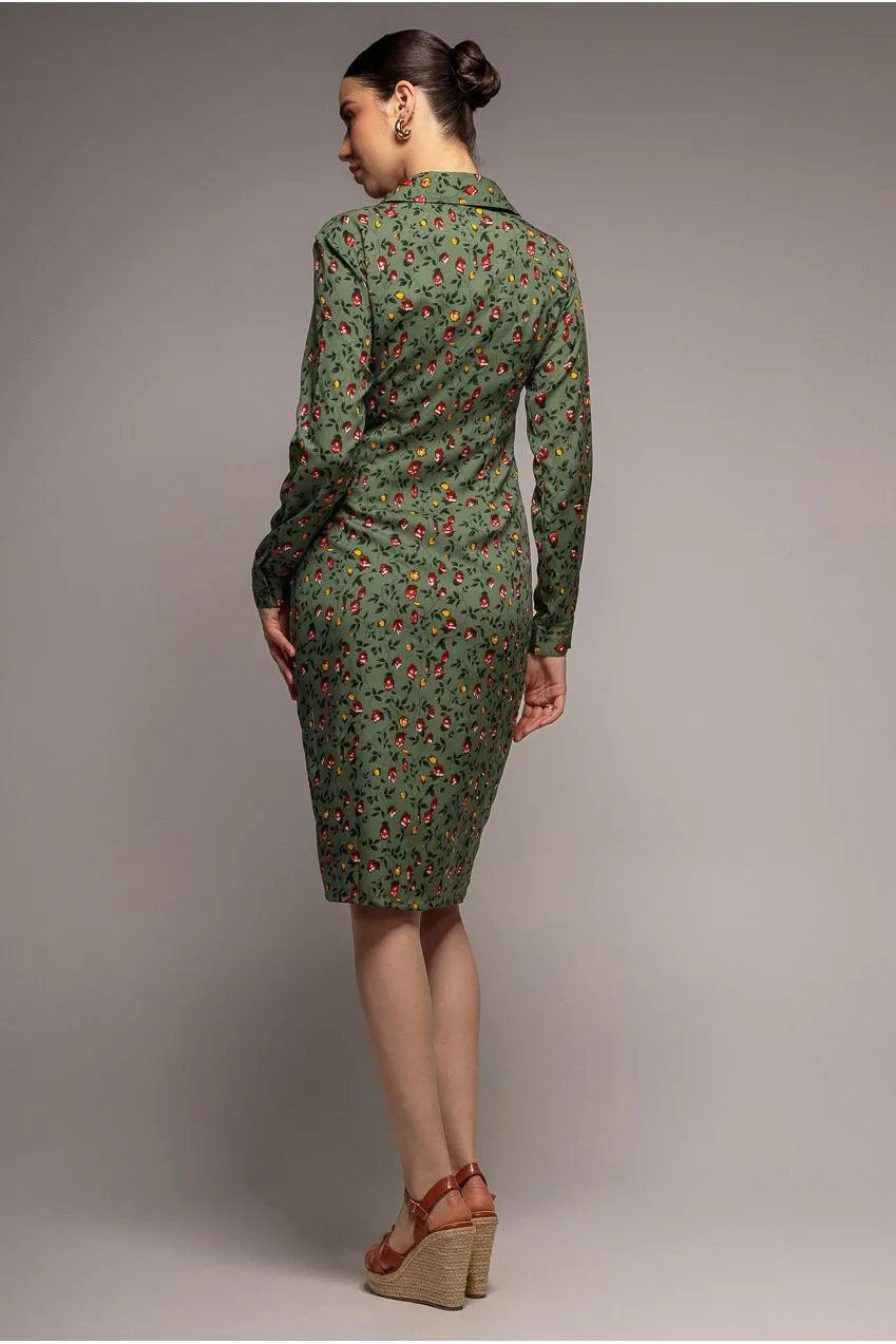 Goddiva Floral abito camicia verde salvia midi floreale