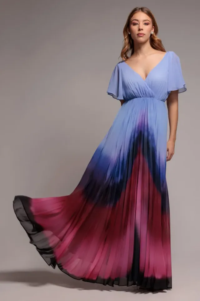 Goddiva Wavy Ombre Abito Lungo Chiffon Blu