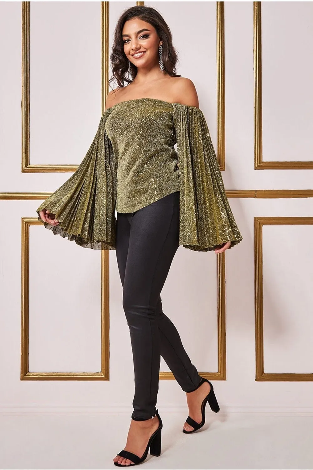Goddiva Bardot Sequin Lurex top oro manica lunga paillettes