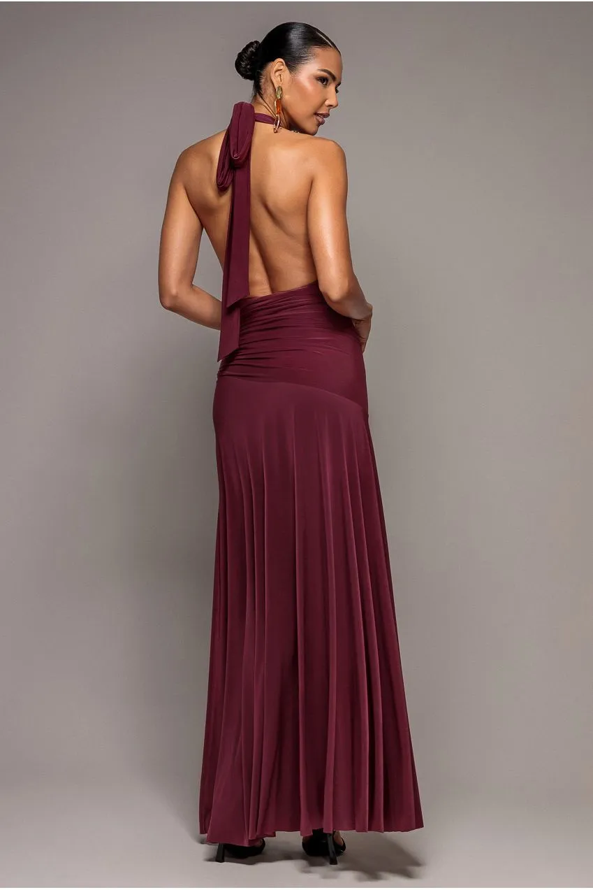 Goddiva Halter Neck Empire Waist abito maxi burgundy scollo halter