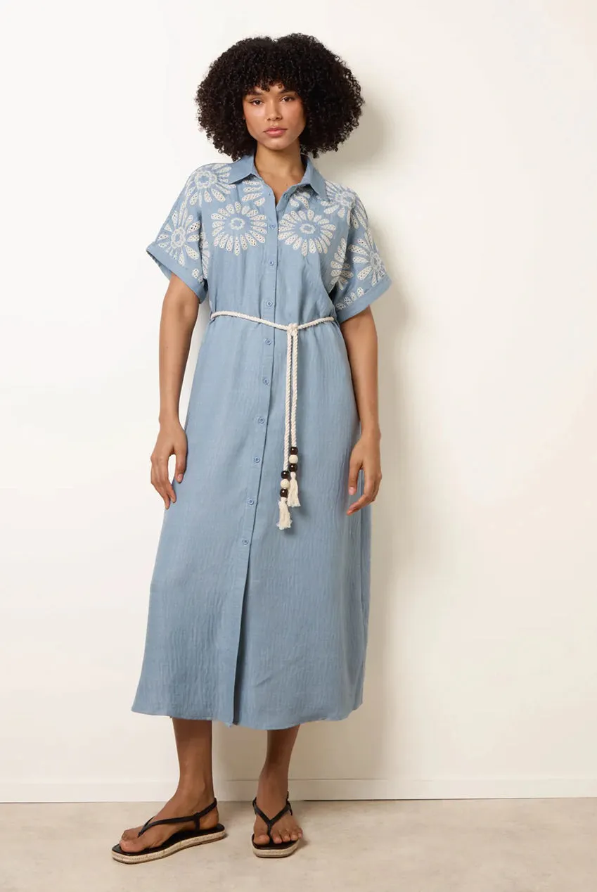 Blue Vanilla Floral vestito camicia midi blu ricamo traforato