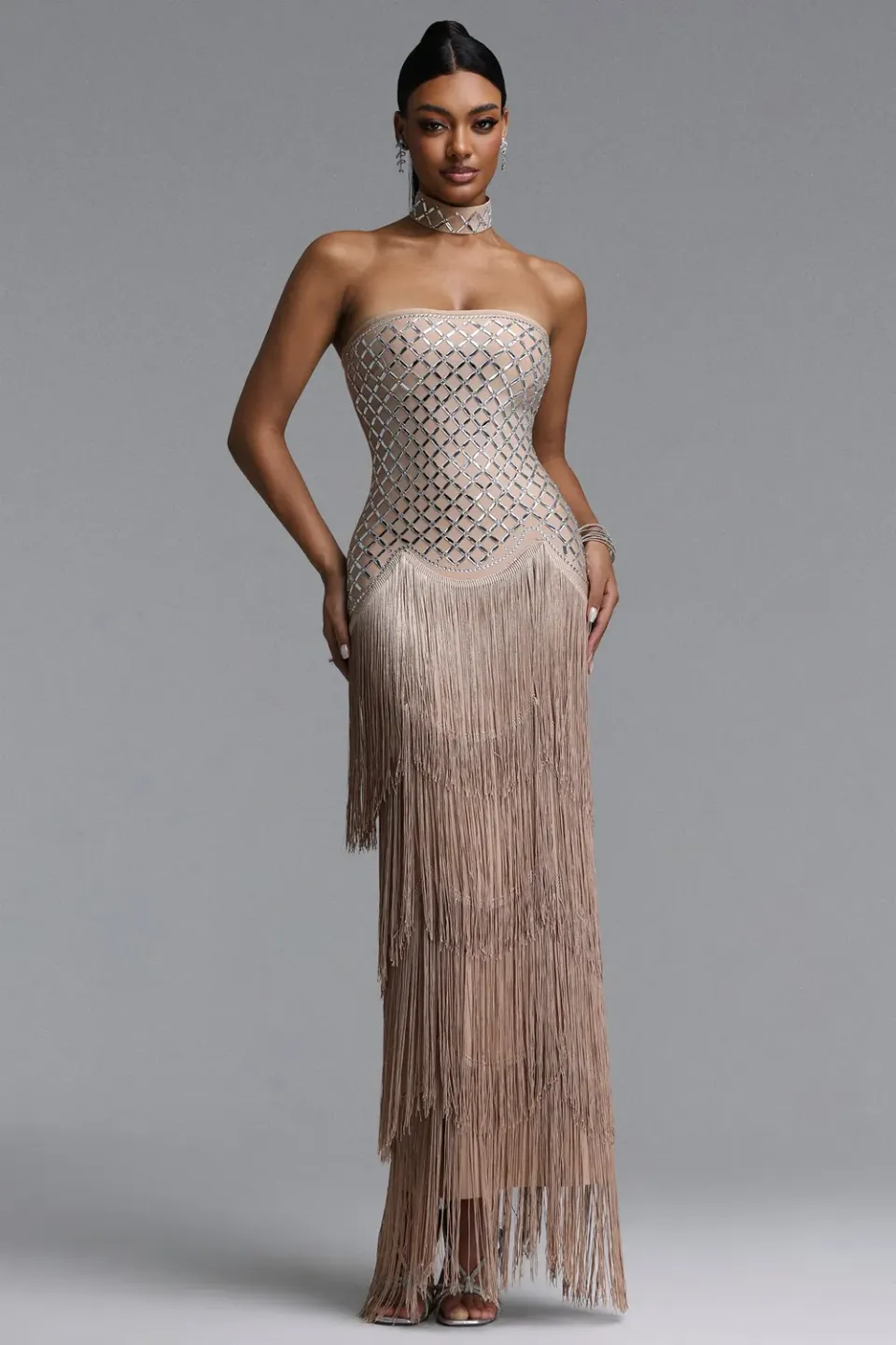 Bella Barnett Nikki abito midi nude strass frange