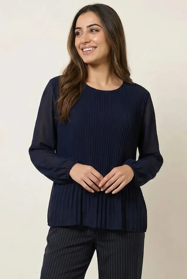 Blue Vanilla top plissettato navy manica lunga girocollo S/M