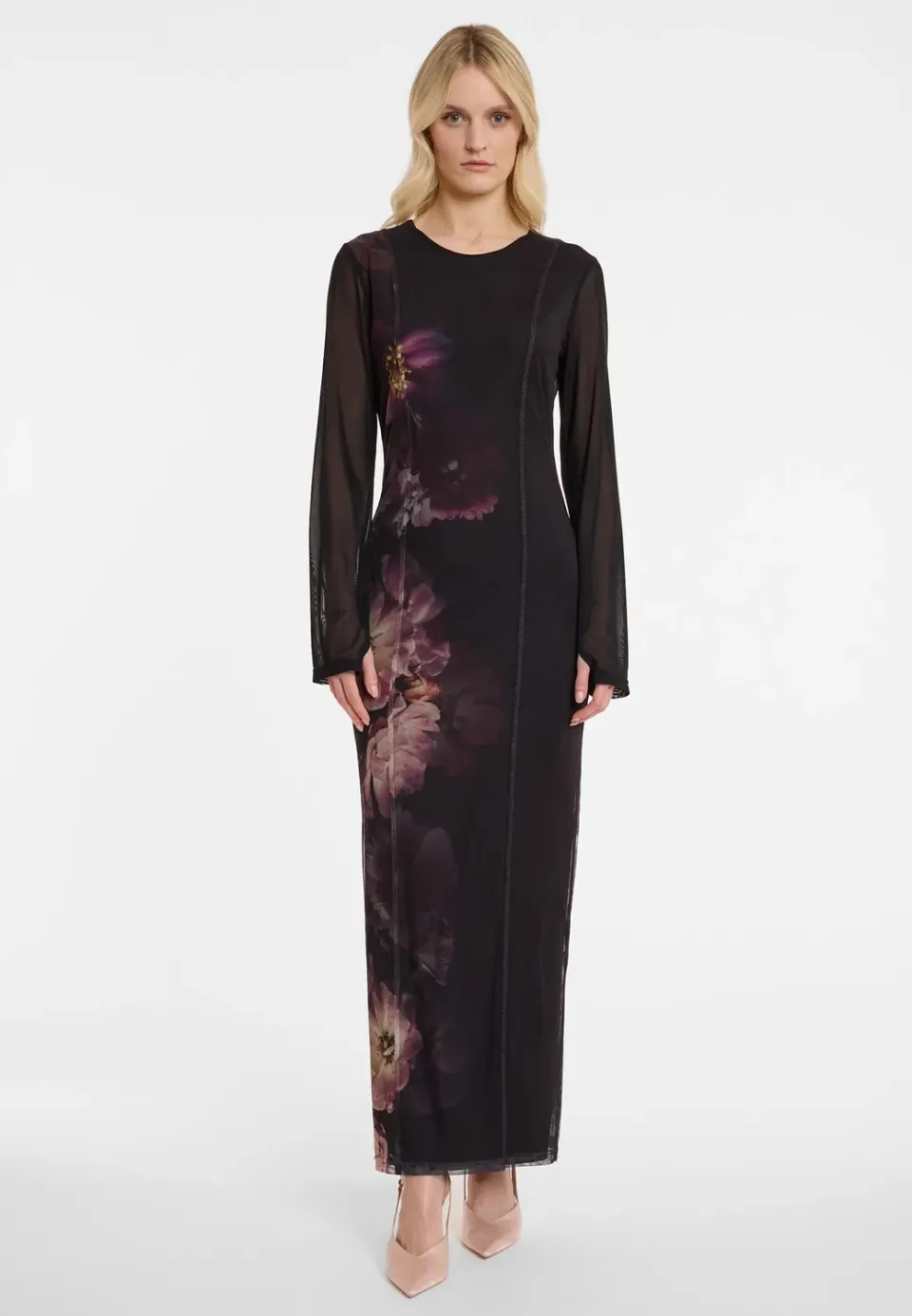Ana Alcazar Azori abito maxi rete nero fantasia floreale