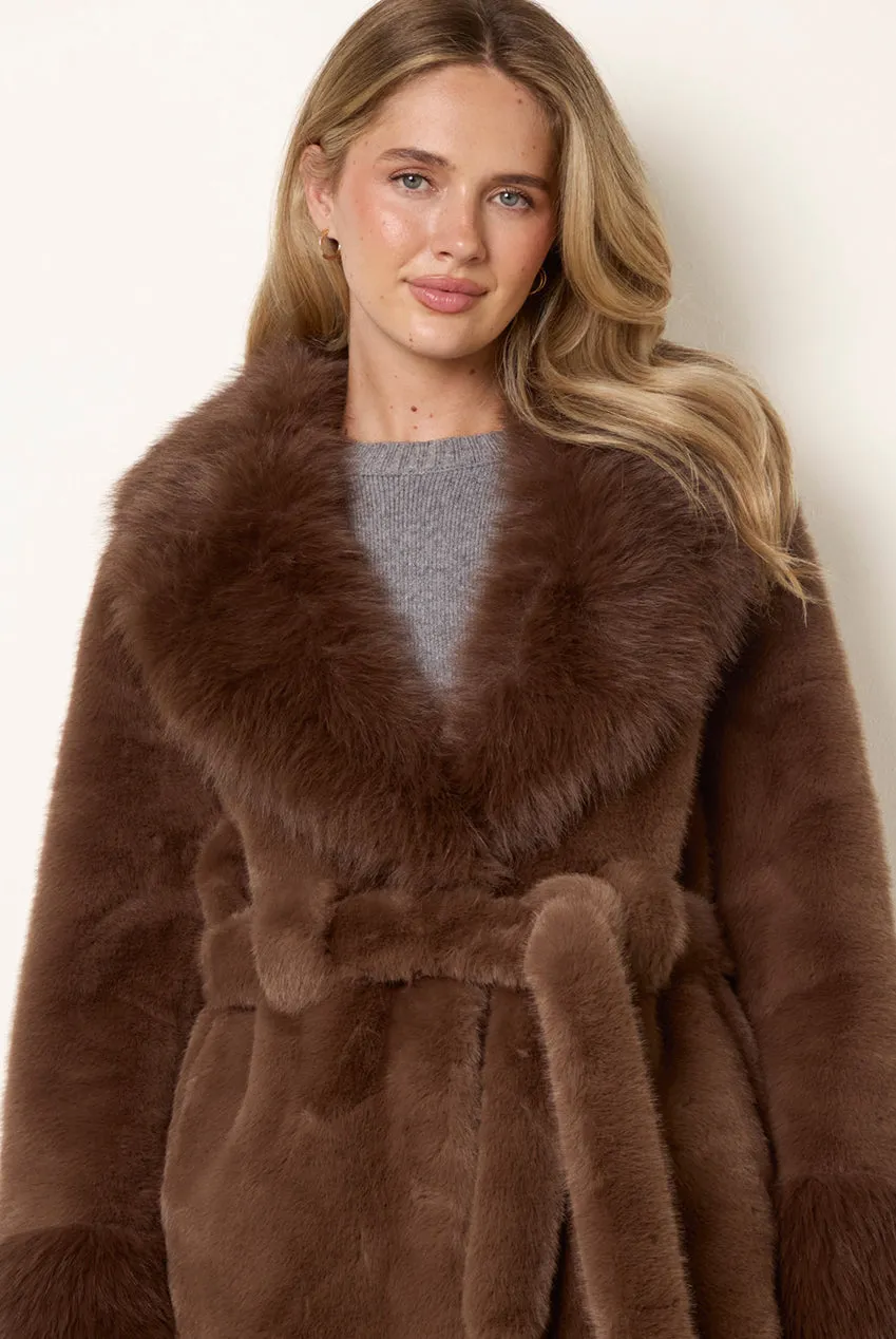 Blue Vanilla Plush cappotto marrone pelliccia cintura