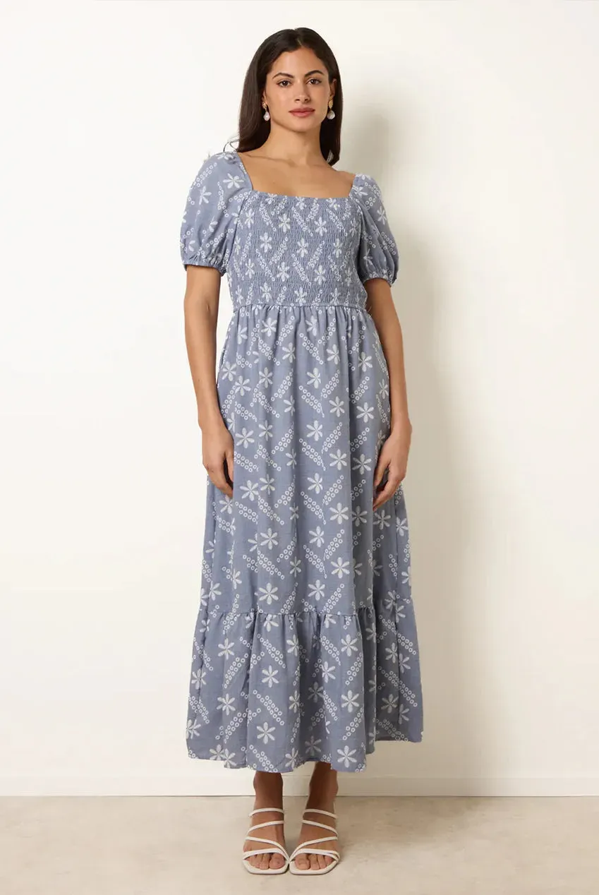 Blue Vanilla abito midi floreale blu scollo quadrato S/M