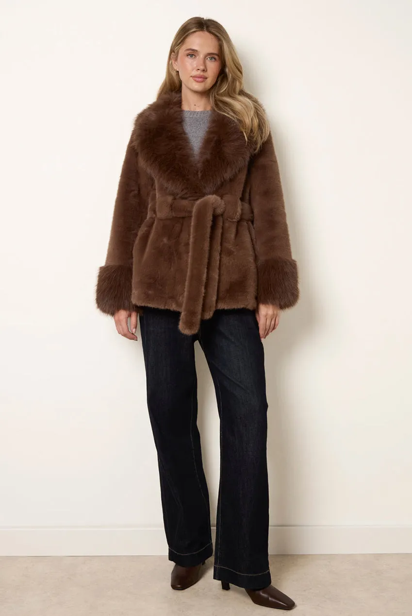 Blue Vanilla Plush cappotto marrone pelliccia cintura