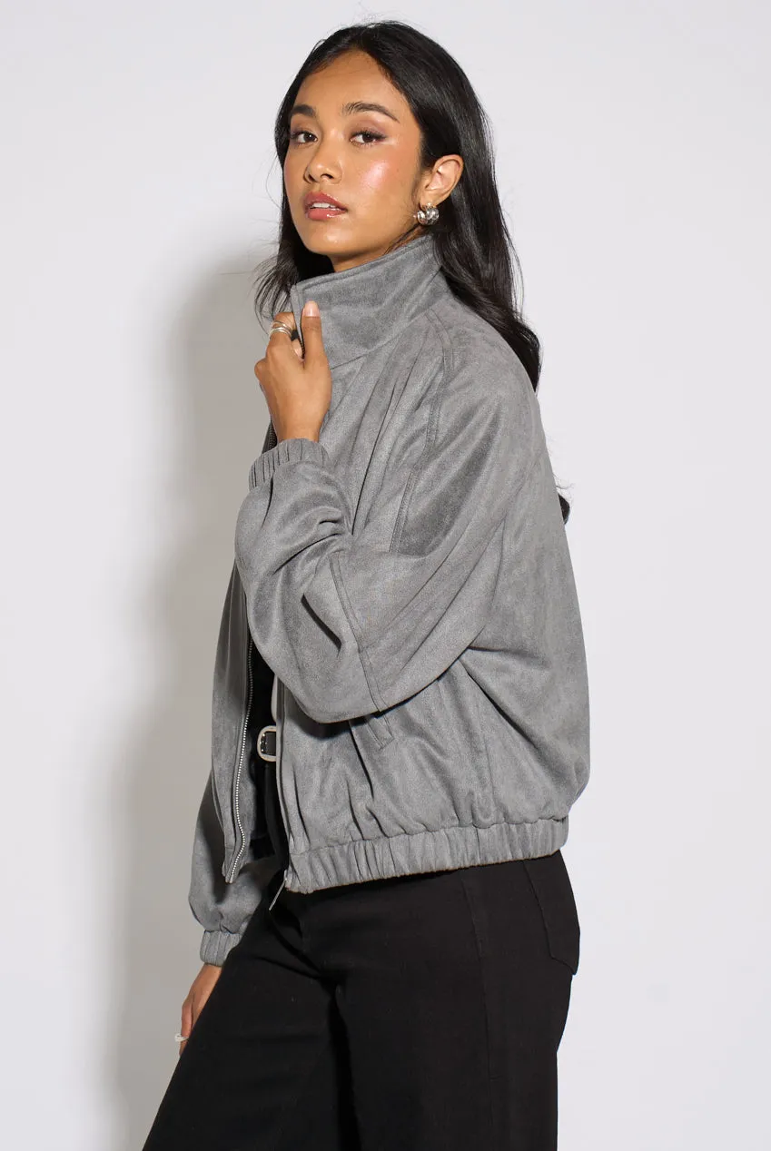 Gini London Funnel Neck Bomber giacca grigia scamosciata