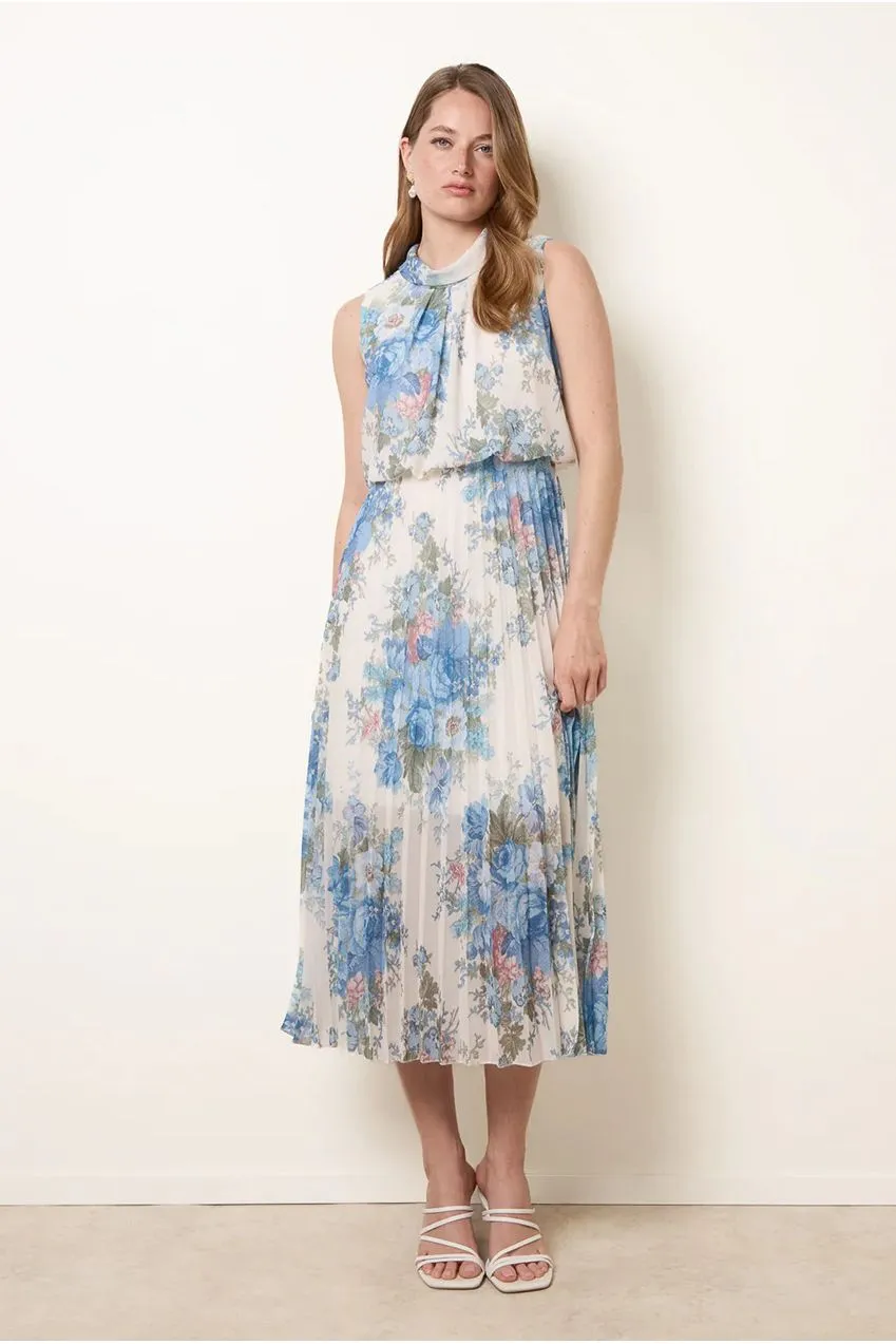 Blue Vanilla abito midi plissettato avorio floreale cowl