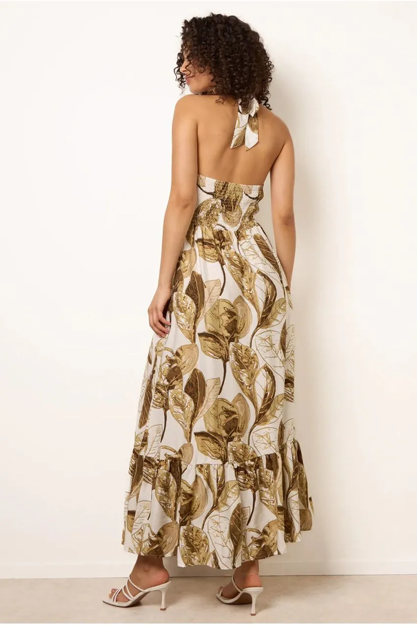 Blue Vanilla Leaf Print abito lungo cioccolato halter