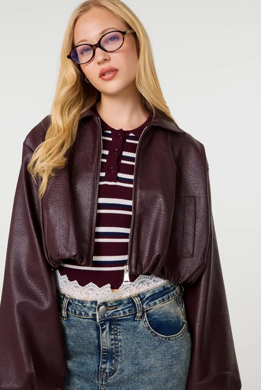 Pink Vanilla Puffball giacca ecopelle bordeaux cropped
