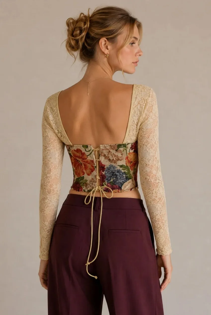 Avinci Top corsetto pizzo floreale maniche lunghe