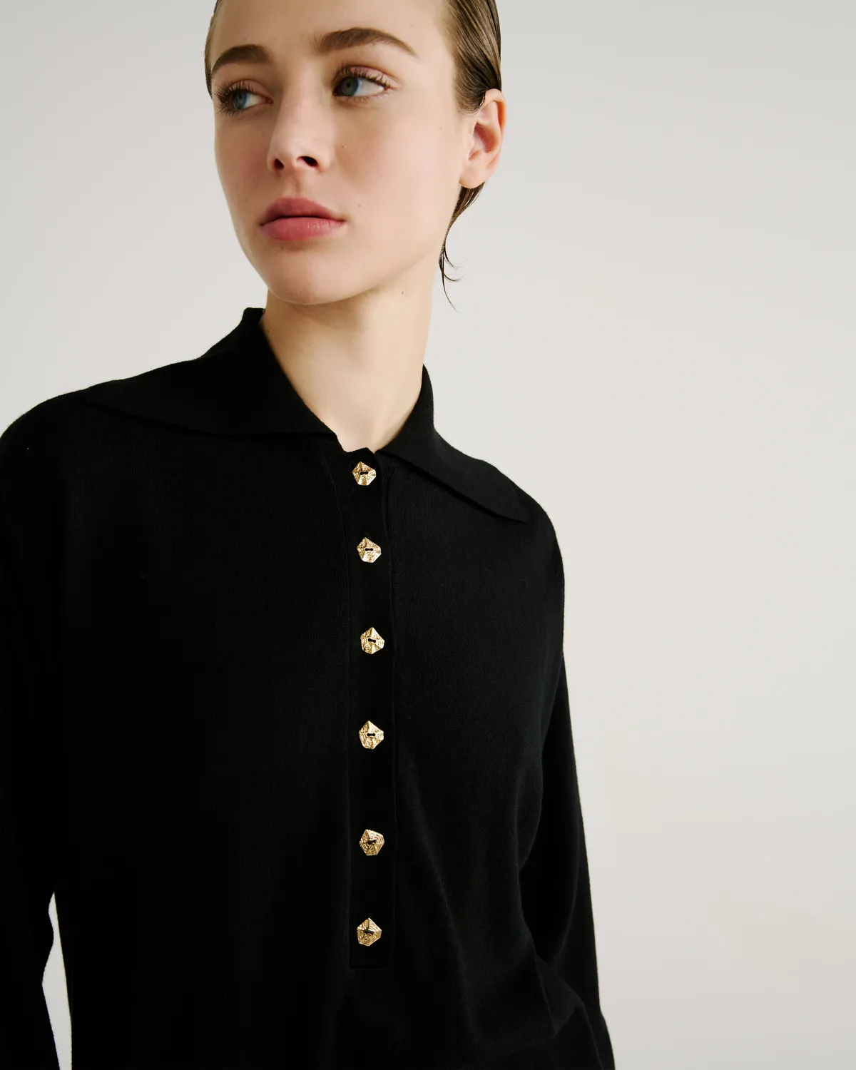 Violante Nessi Ansel polo nero cashmere cotone bottoni