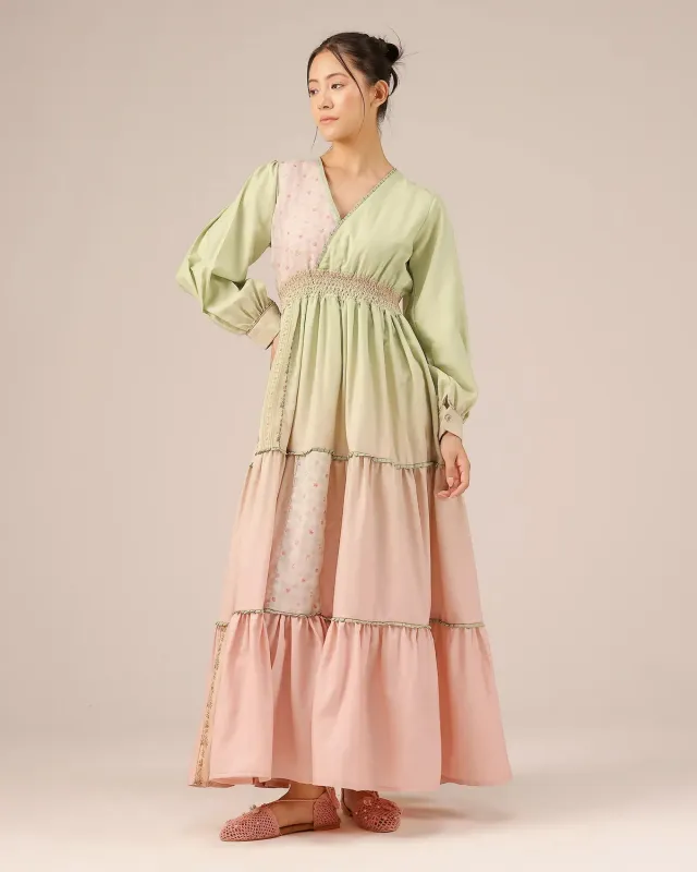 Our Dve Tropical Sorbet Pop Dress abito verde rosa lino