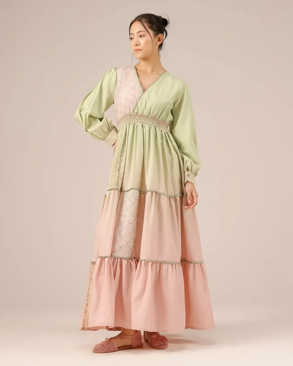 Our Dve Tropical Sorbet Pop Dress abito verde rosa lino