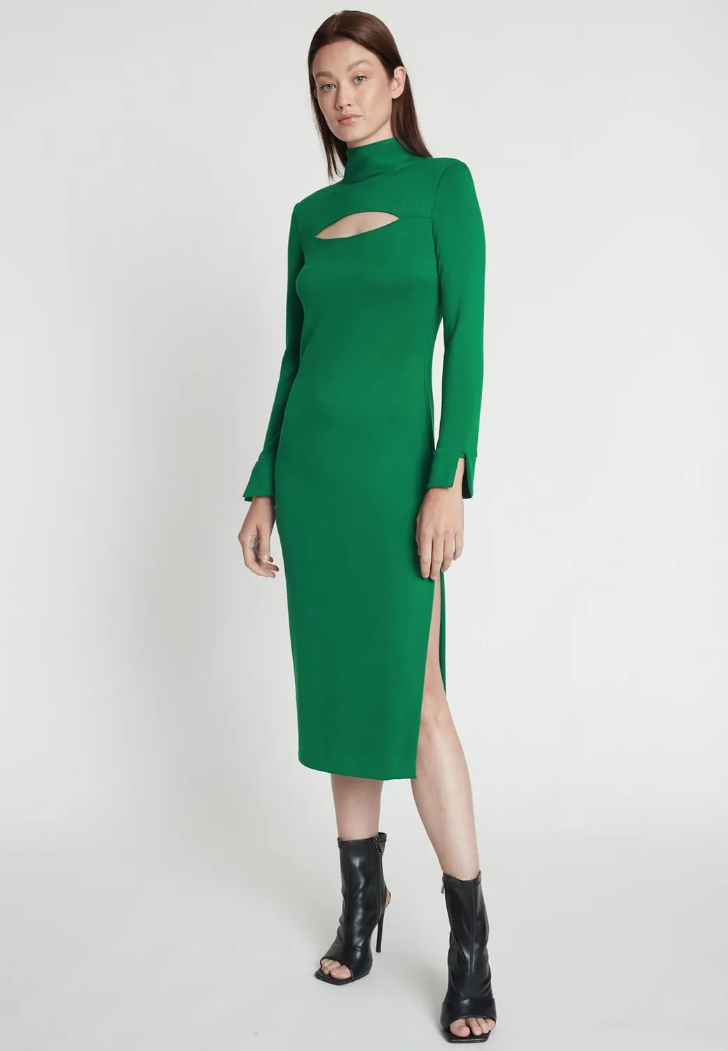 Ana Alcazar Melly abito midi verde collo alto cut-out
