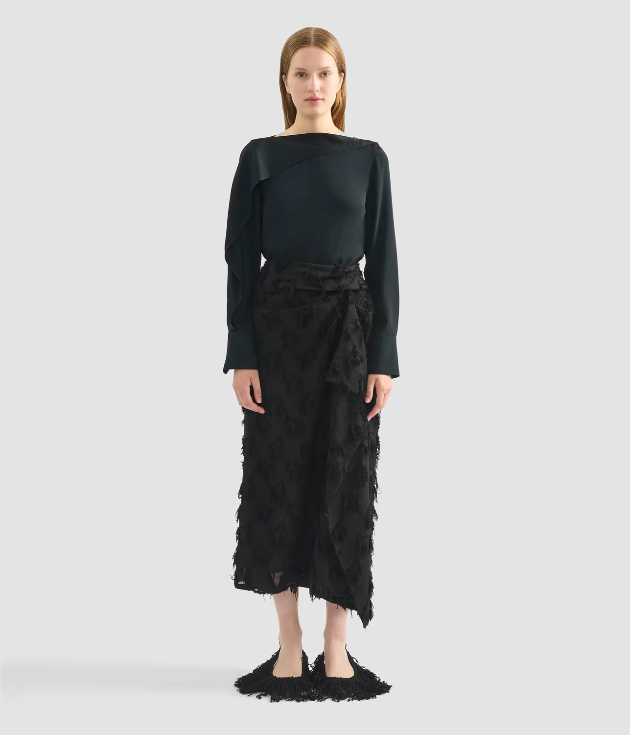 Erdem Draped Satin Cady Long Sleeve Blouse camicia nera