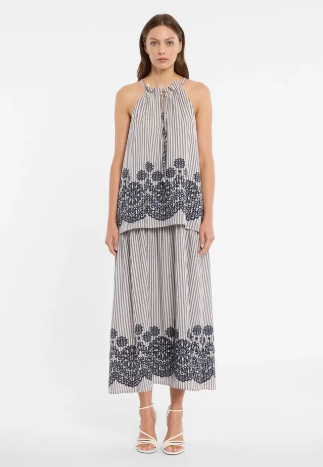 Ana Alcazar Dorina abito maxi a balze grigio