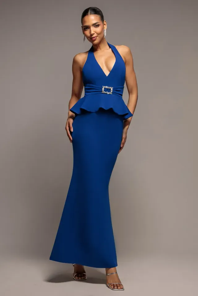 Goddiva Peplum Halter Abito Lungo Blu Royal