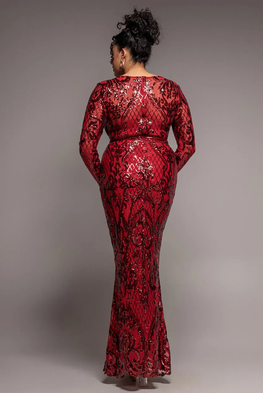 Goddiva Plus DR4038 Abito Maxi Rosso Pizzo Scollo Quadrato