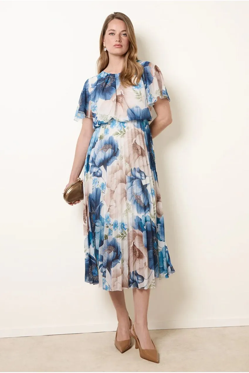 Blue Vanilla abito midi floreale blu manica corta scollo tondo