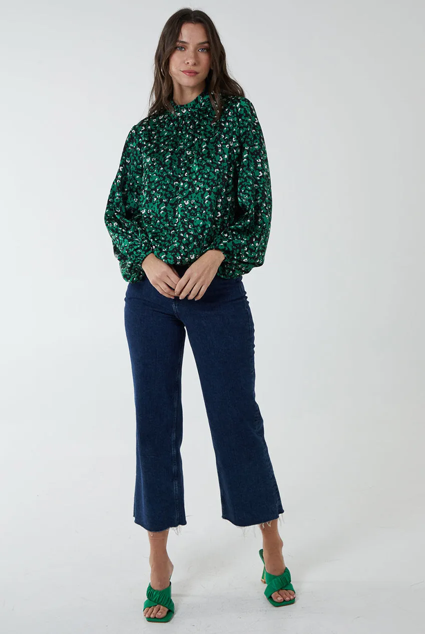 Blue Vanilla top verde leopardato raso collo alto