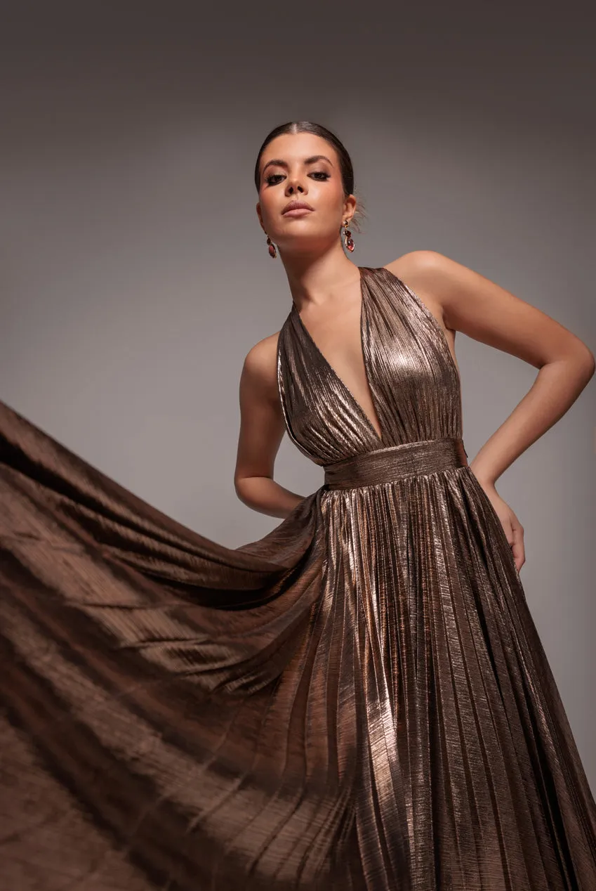 Goddiva Sunrise Foil abito maxi oro scollo halter