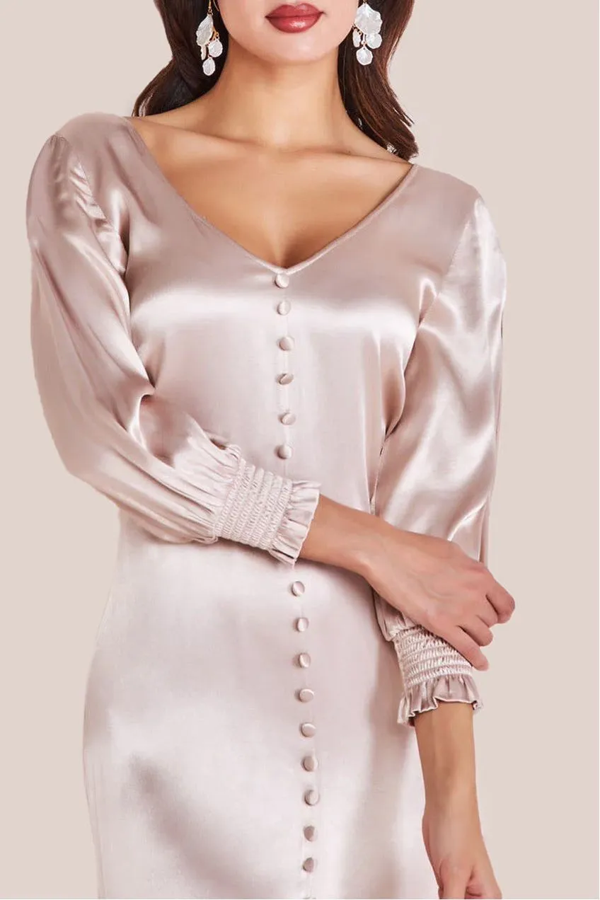 Goddiva Satin Viscose abito maxi scollo cuore champagne