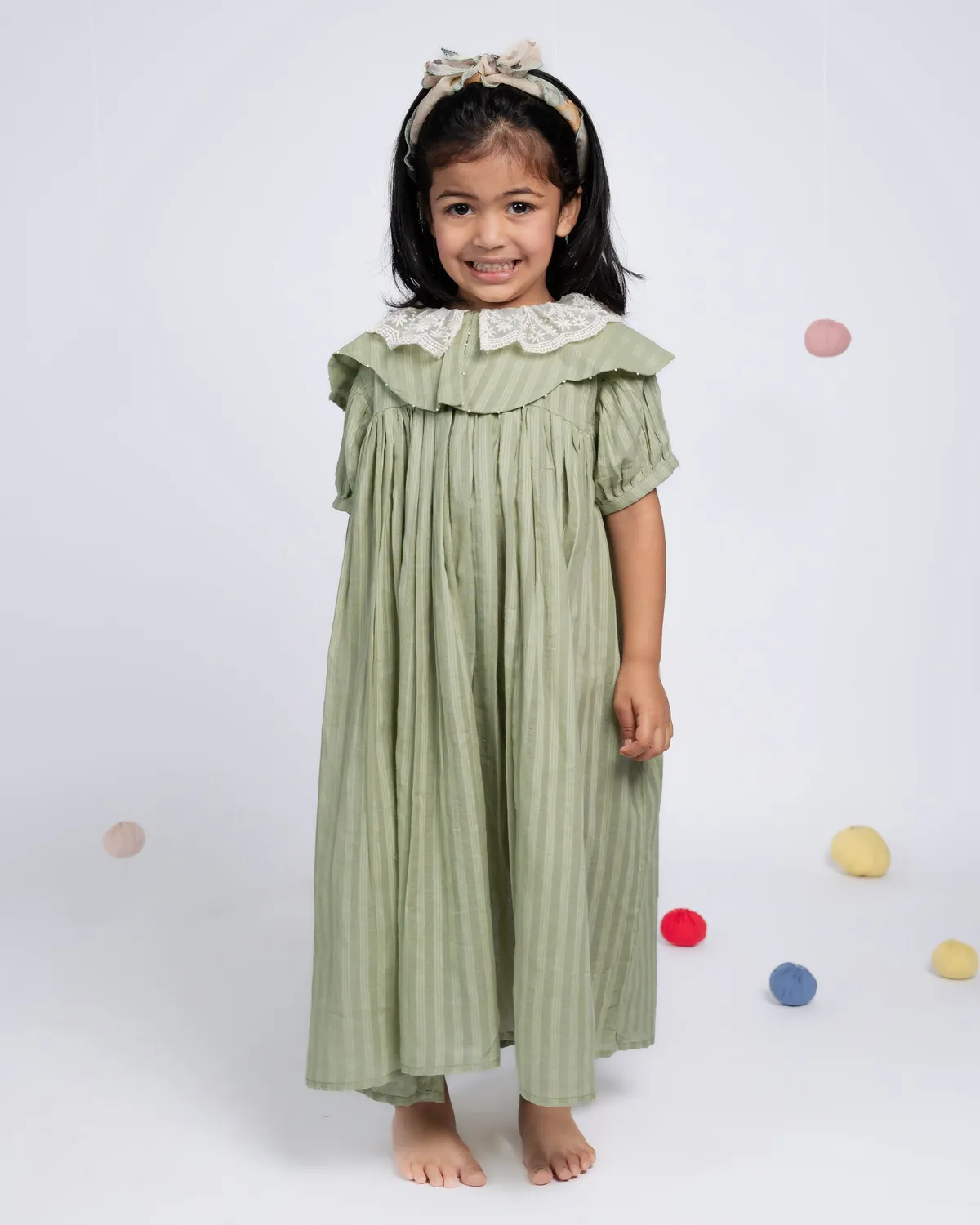 Our Dve Mini Dress abito bambina verde righe cotone