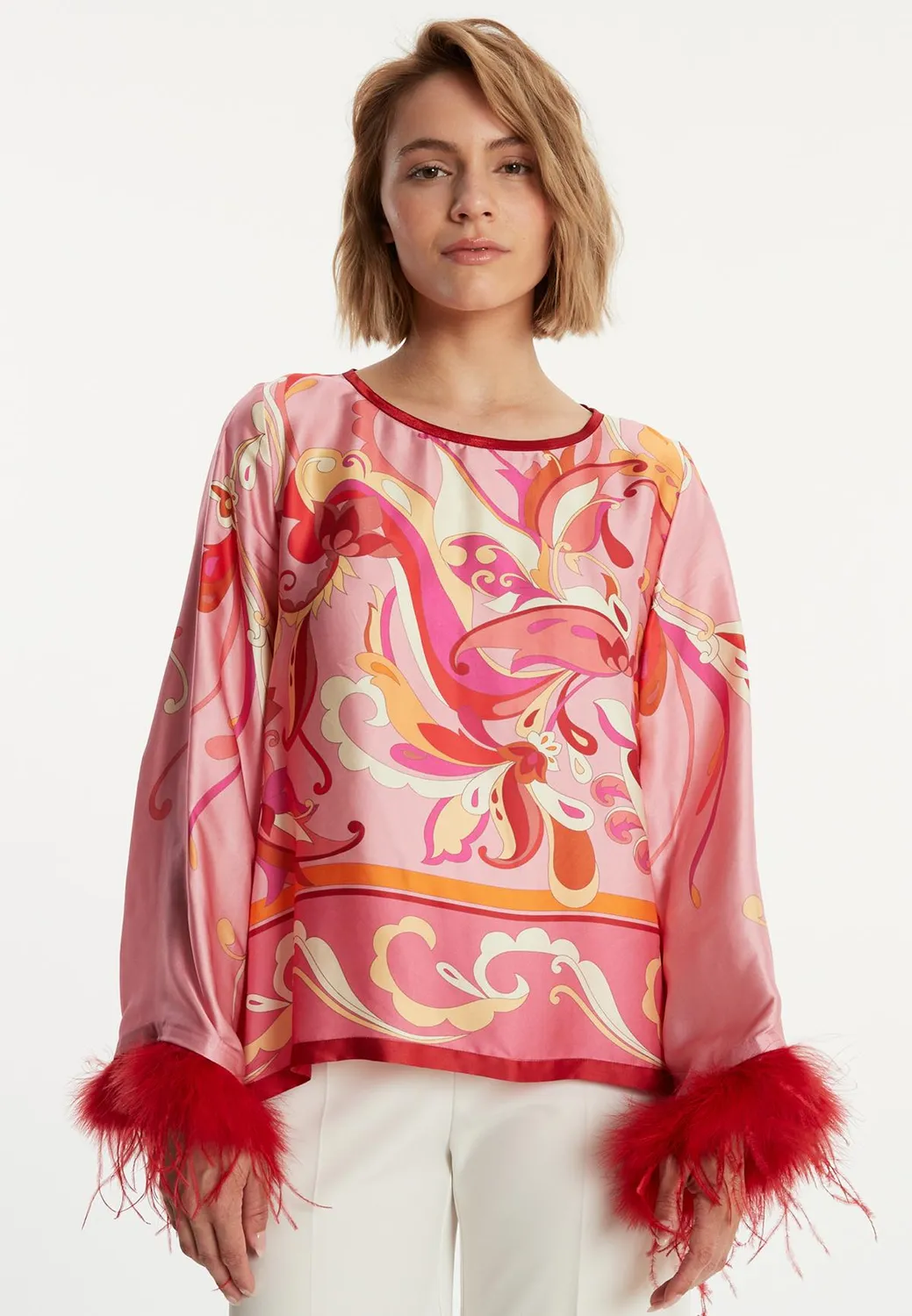 Ana Alcazar Zemmy top in raso rosa con piume