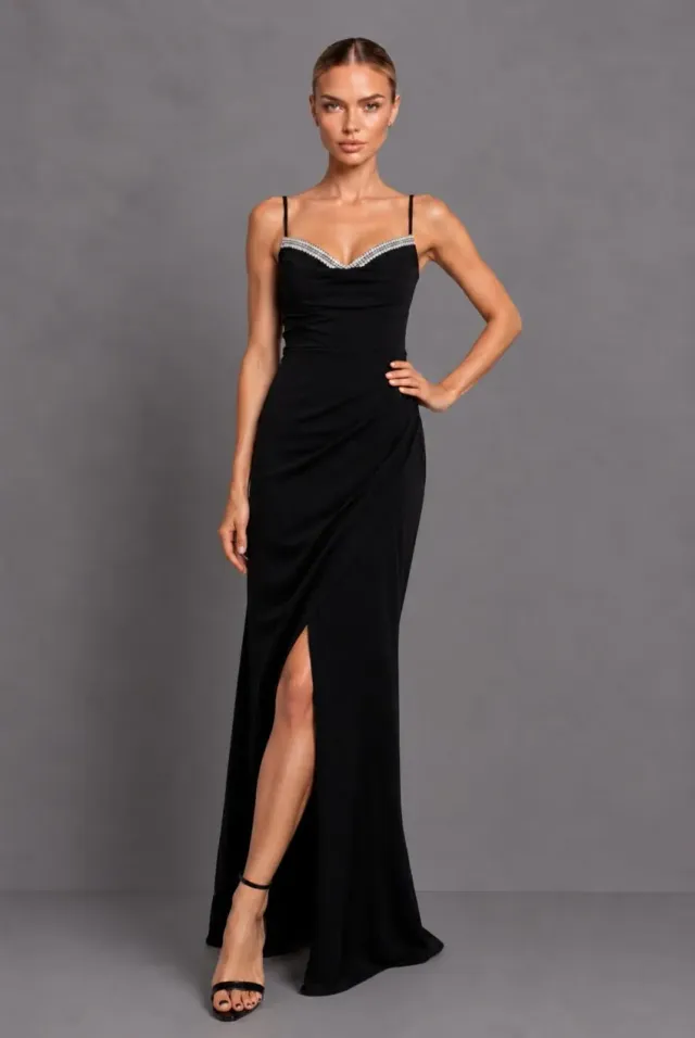 Honor Gold Christie abito maxi nero con strass