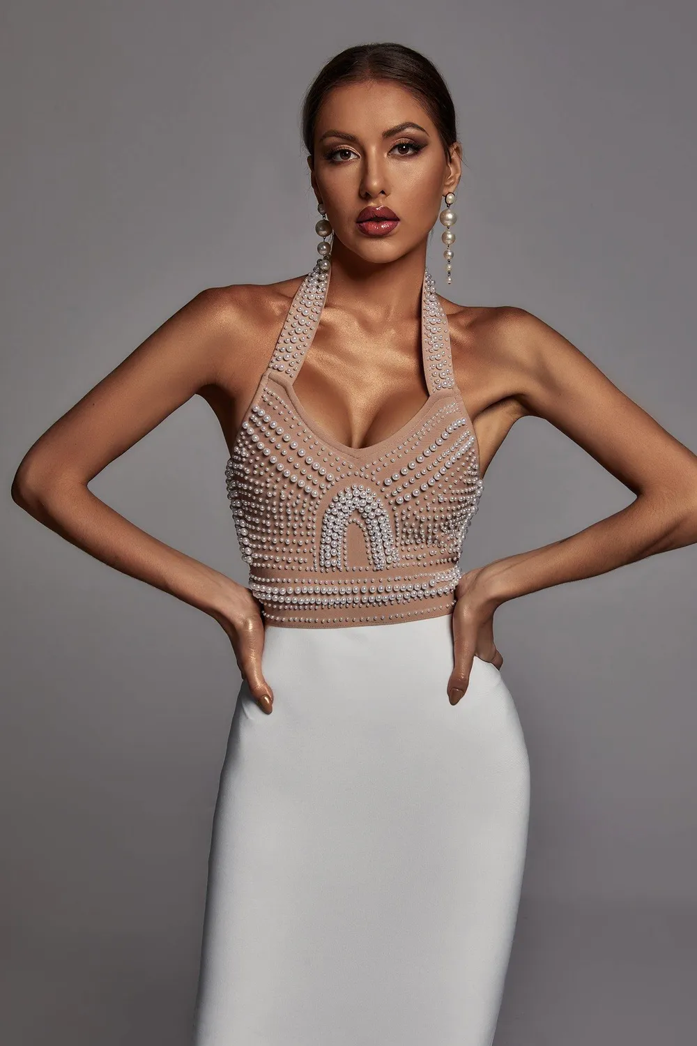 Bella Barnett Cornelia Abito Midi Halter Beige Perle Bandage