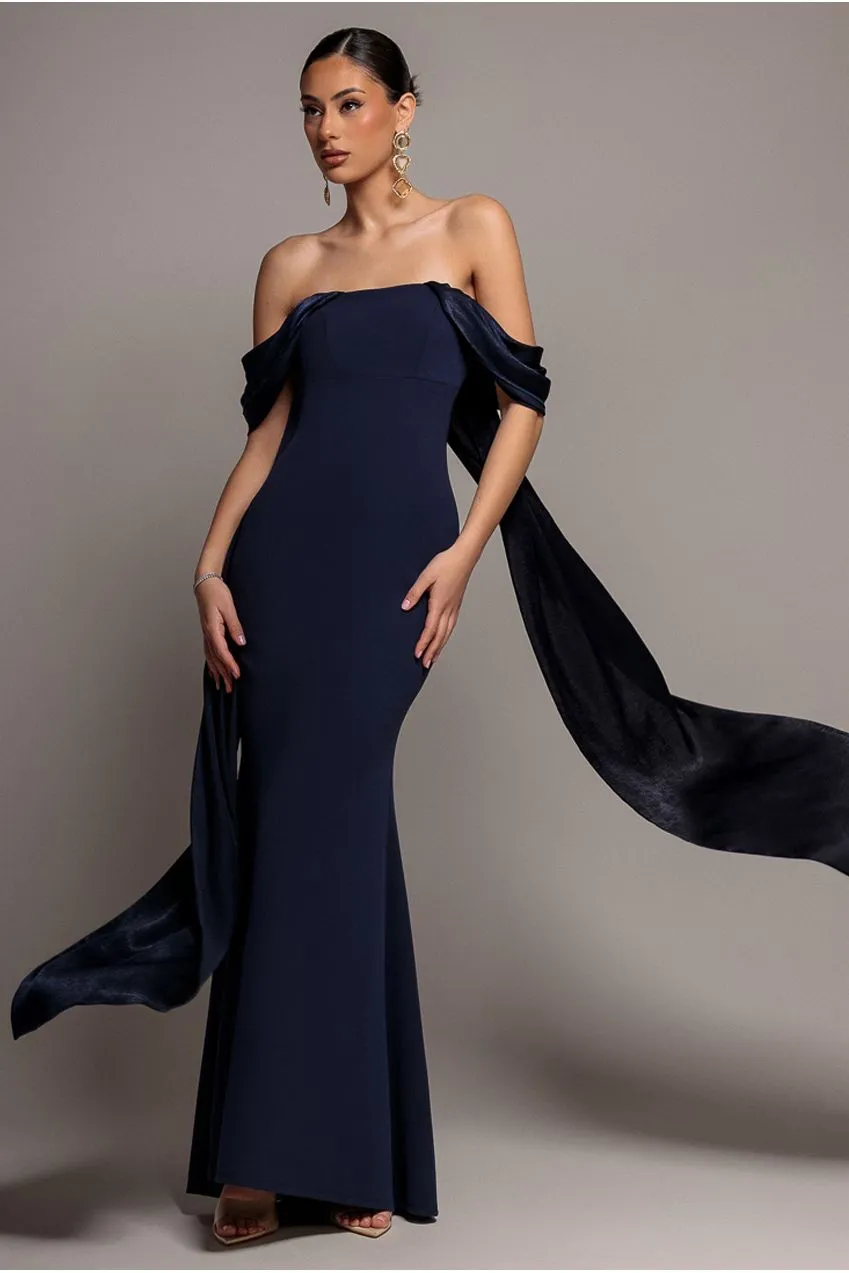 Goddiva Wing Cape abito maxi blu navy satin spalle scoperte