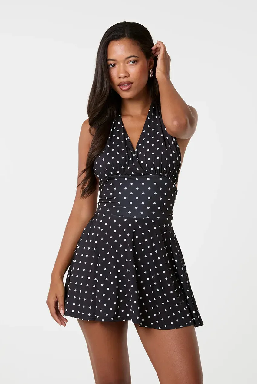 Pink Vanilla Slinky Halter Neck abito mini nero pois