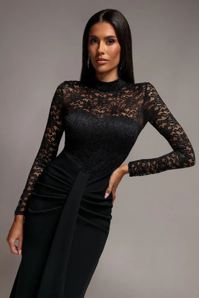 Goddiva Lace High Neck abito maxi nero manica lunga