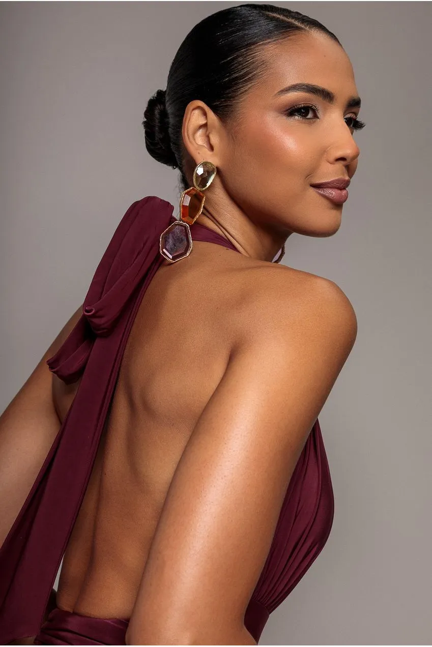 Goddiva Halter Neck Empire Waist abito maxi burgundy scollo halter