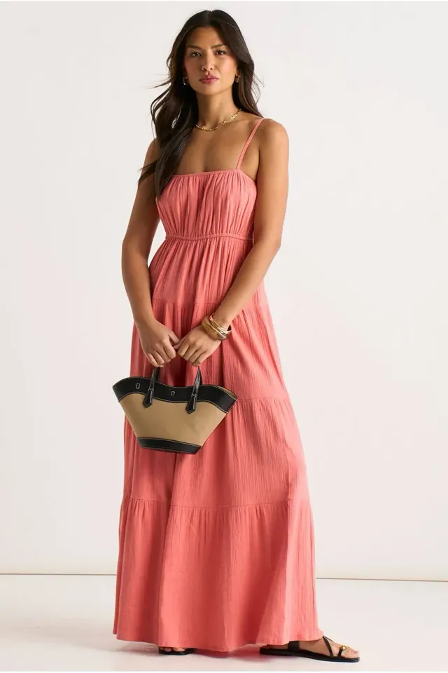 Goddiva Gini London abito maxi corallo garza balze