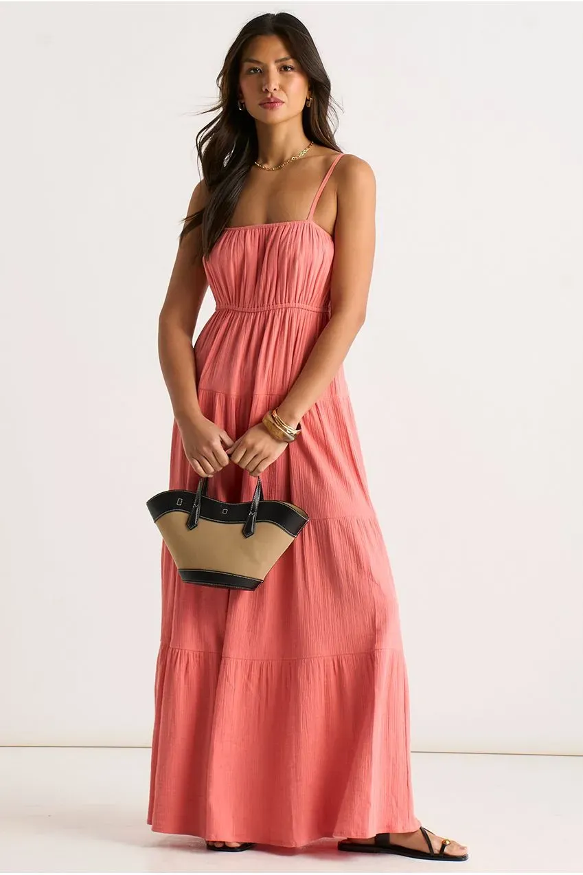 Goddiva Gini London abito maxi corallo garza balze