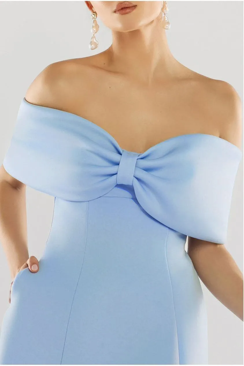 Goddiva Bow Midi Abito Azzurro Scollo Bardot Linea A