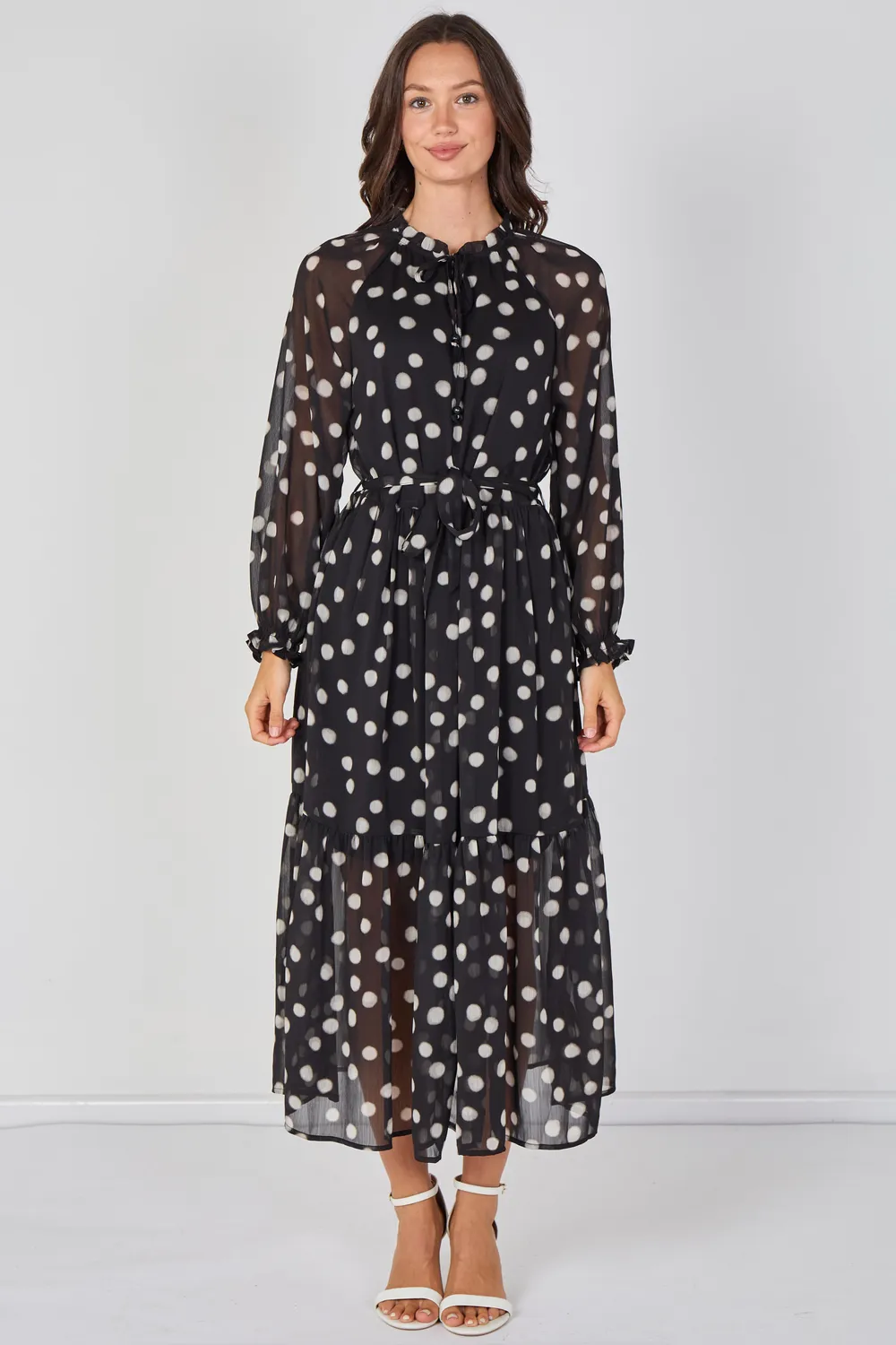 Love Sunshine abito maxi chiffon nero pois con cintura