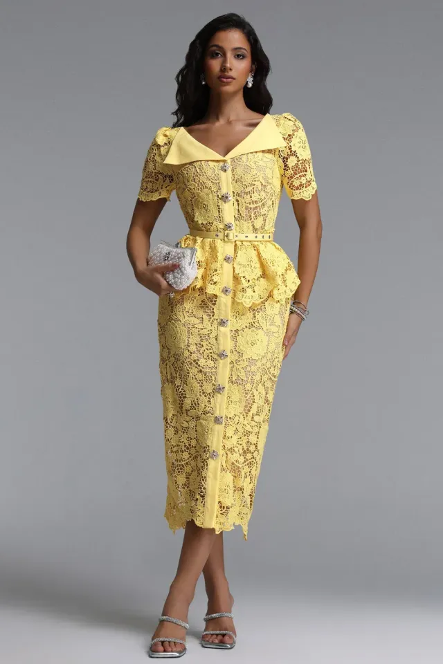 Bella Barnett Quinn abito maxi pizzo giallo floreale