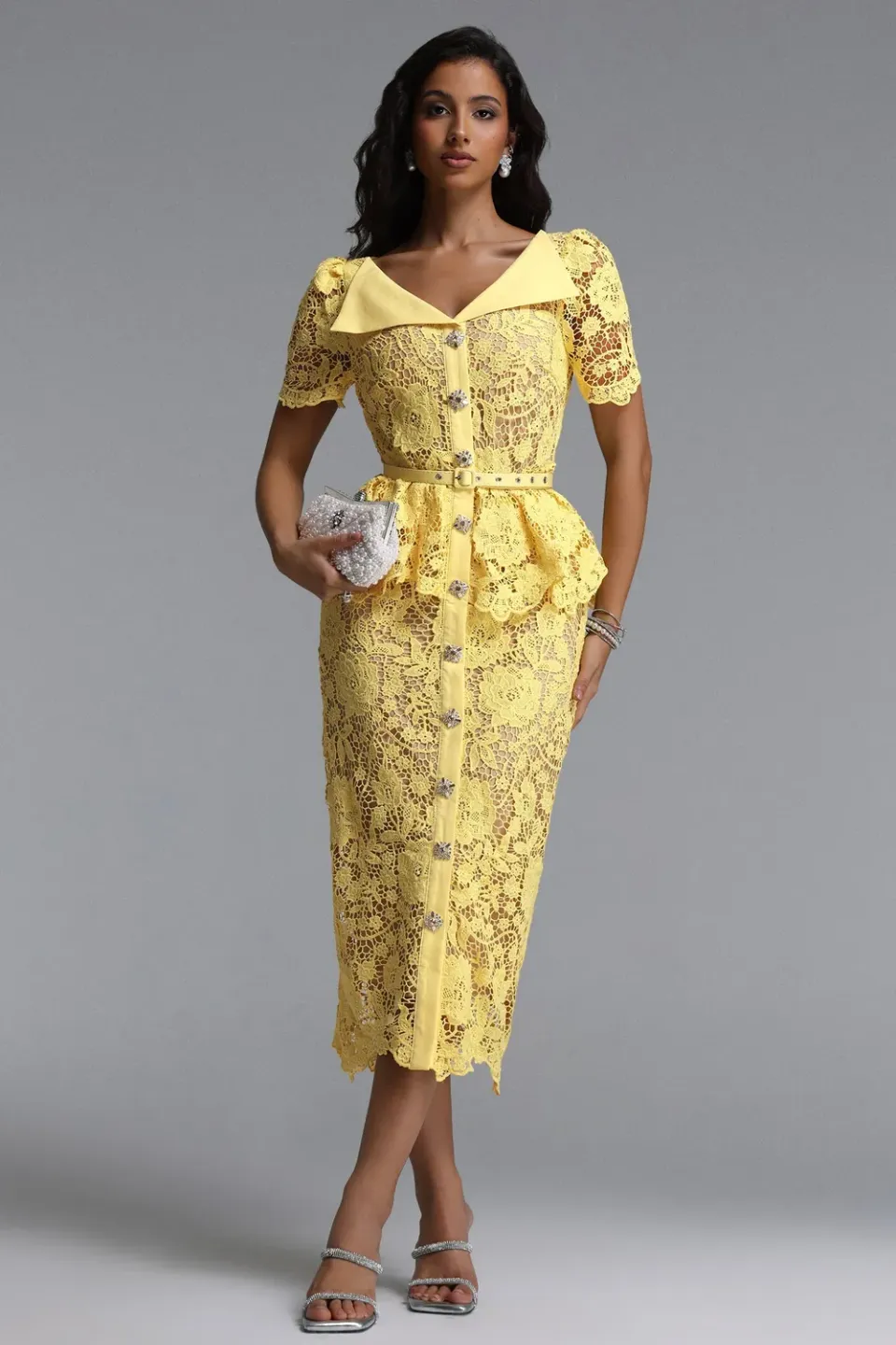 Bella Barnett Quinn abito maxi pizzo giallo floreale