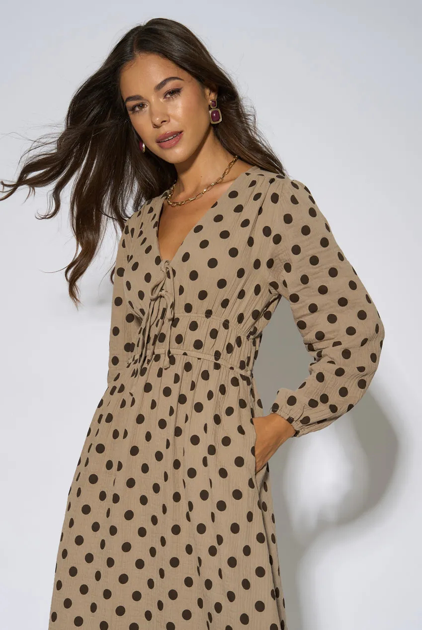 Gini London Abito Midi Skater Beige Pois Cotone
