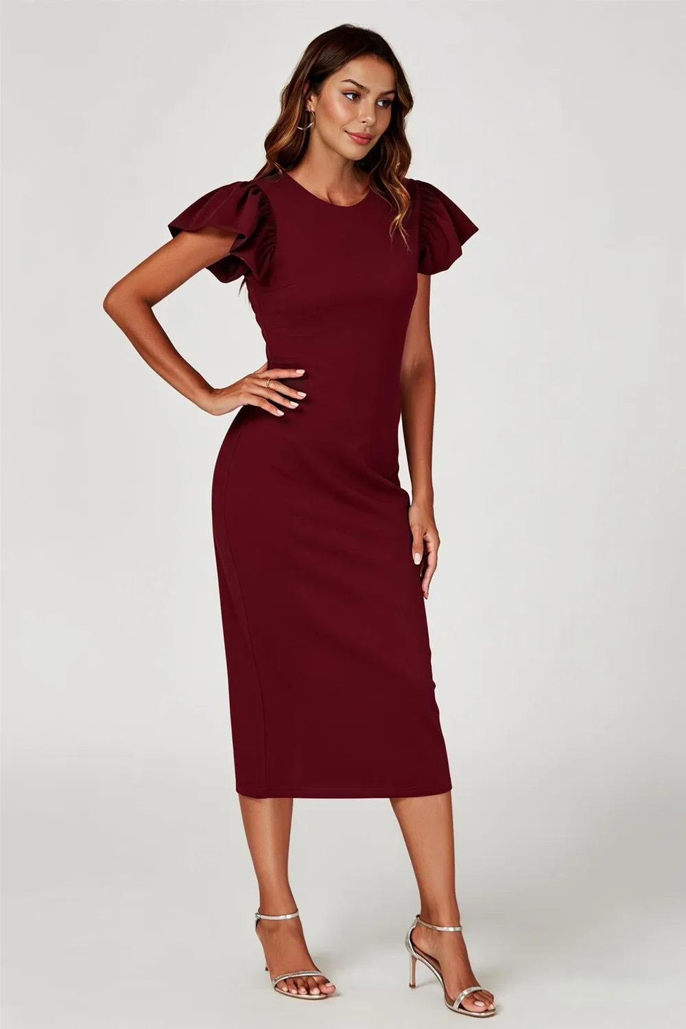 FS Collection abito midi bodycon bordeaux manica volant