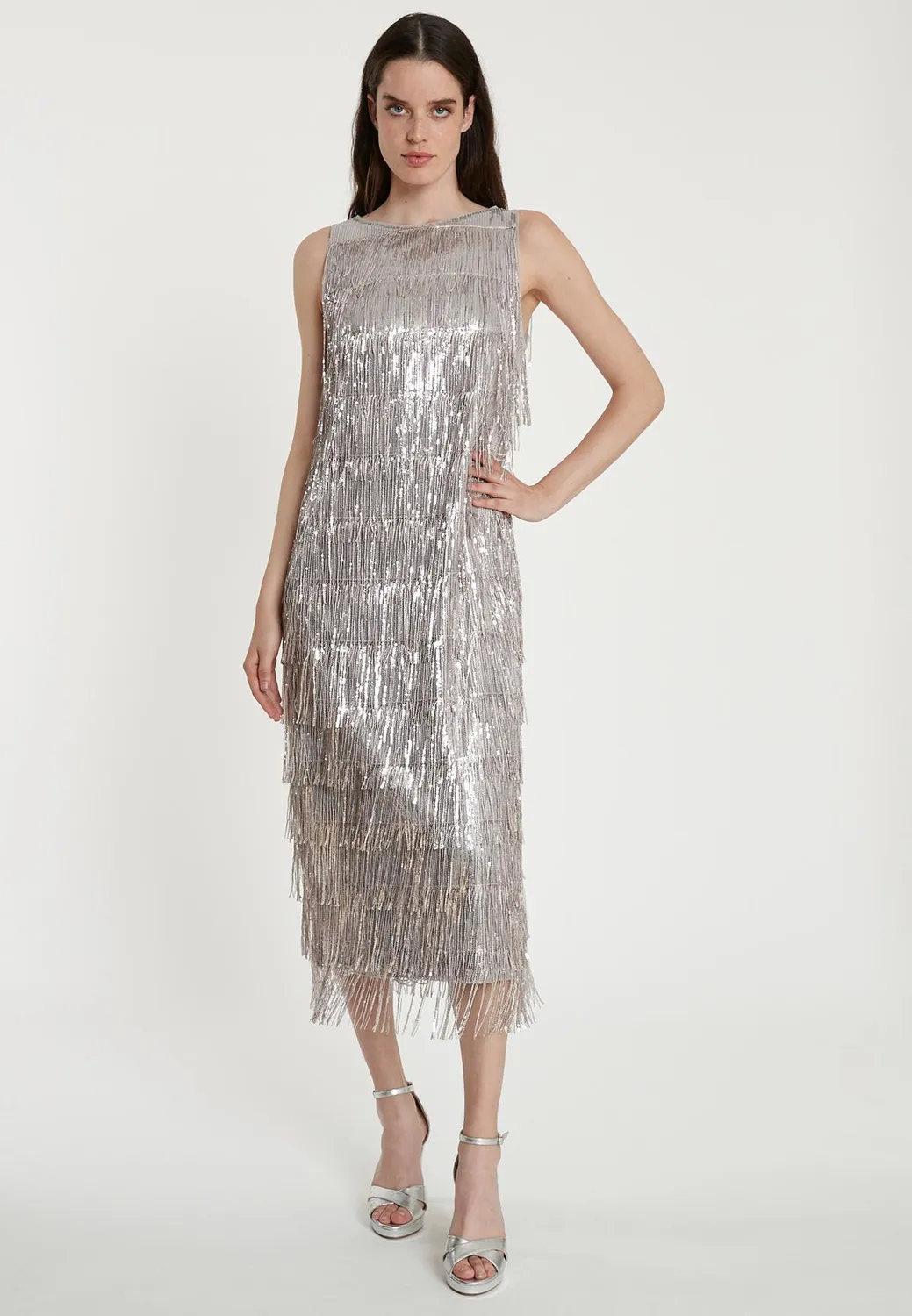 Ana Alcazar Tabyla abito midi paillettes argento frange