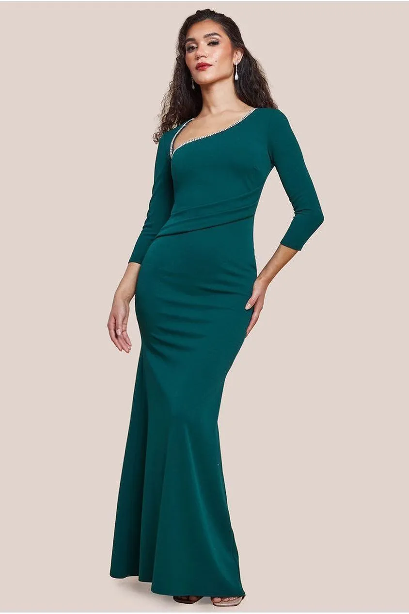 Goddiva Asymmetric Diamante abito lungo verde smeraldo sirena